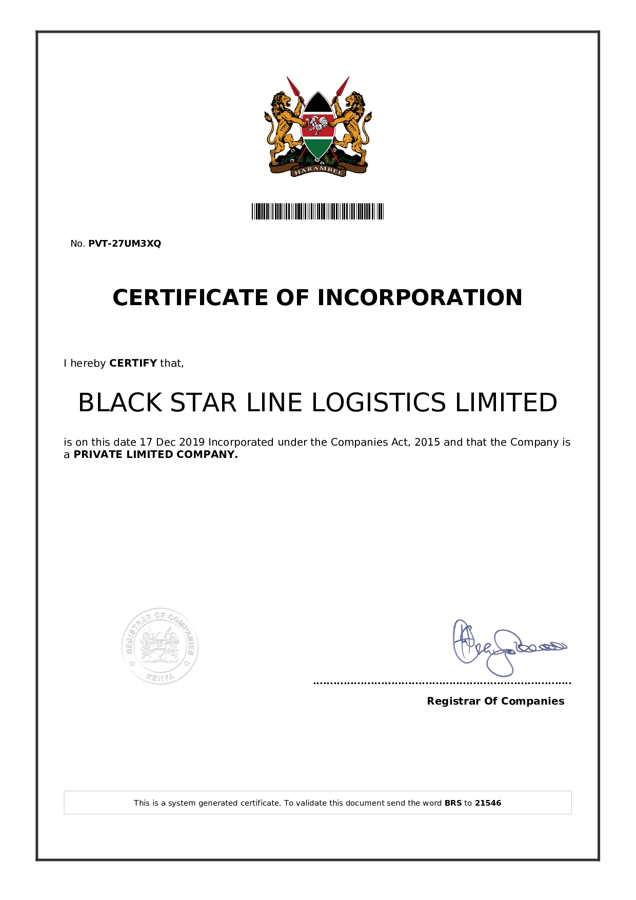 Certification of Incorporation